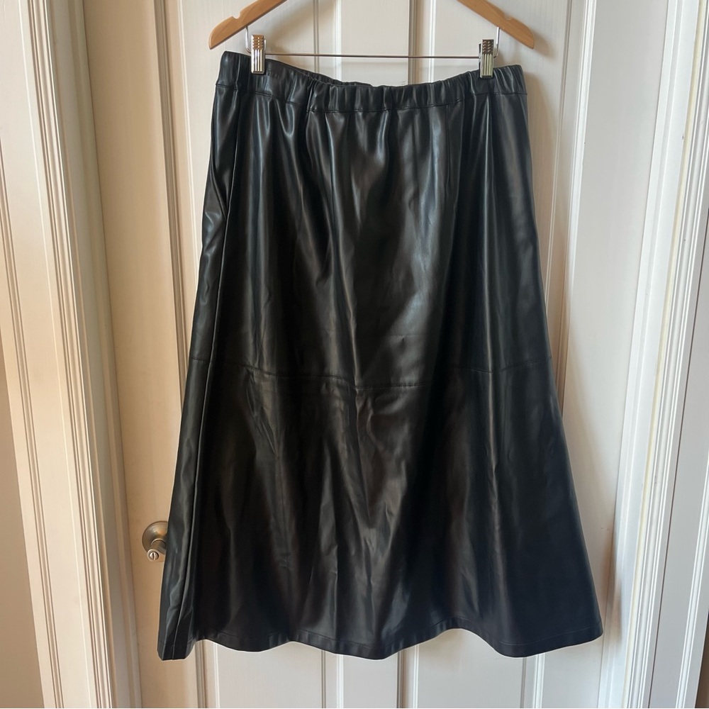 Ming Wang Faux Leather Midi Black A-Line Skirt